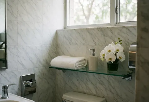 Intérieur d'une salle de bain élégante et propre, revêtement en marbre blanc, serviette pliée, ornement floral, robinetterie, miroir et lumière naturelle entrant par la fenêtre.
