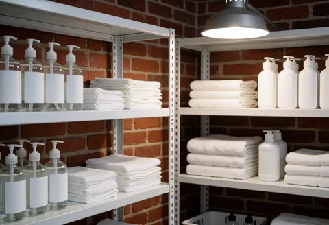Étagères blanches, serviettes pliées et bouteilles d'hygiène sur fond de mur en briques rouges avec un éclairage professionnel.