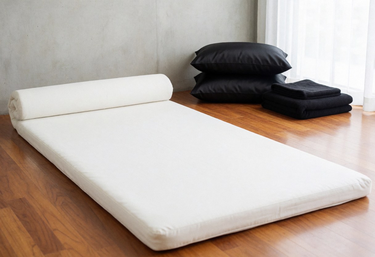 Salle de massage thaïlandaise vide avec matelas blanc, oreillers noirs, sol en bois poli, murs en béton et lumière naturelle par la fenêtre.