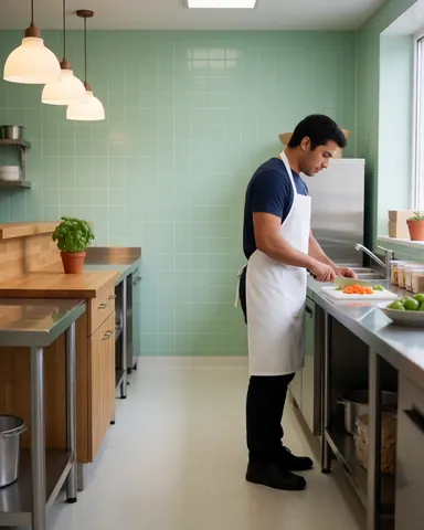 Un chef cuisinier professionnel concentré sur la préparation des ingrédients frais dans une cuisine moderne.
