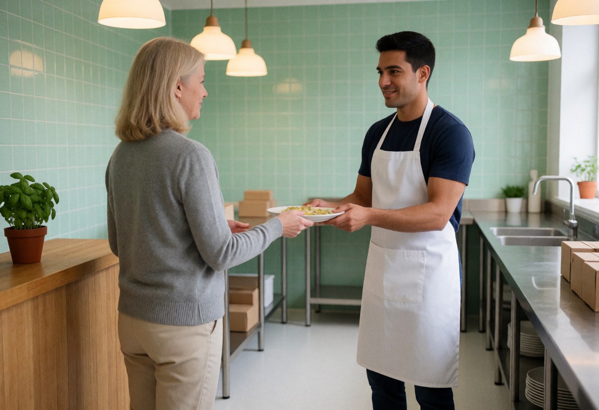 Un serveur présente un plat à un client dans un restaurant aux murs verts et au comptoir en bois.