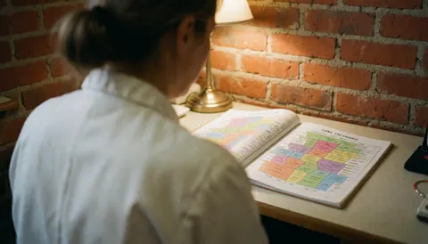 Une thérapeute en reflexologie consulte un guide des zones thérapeutiques sur son bureau, avec un mur de briques et une lumière chaude.