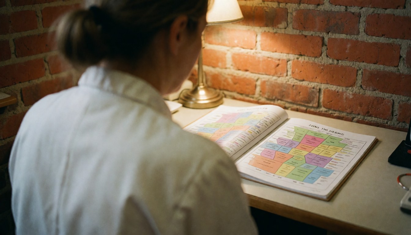 Une thérapeute en reflexologie consulte un guide des zones thérapeutiques sur son bureau, avec un mur de briques et une lumière chaude.