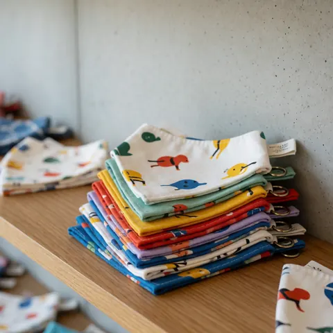 Une pile de bandanas pour animaux avec des motifs d'animaux colorés posée sur une étagère en bois devant un mur de béton éclairé par la lumière naturelle.