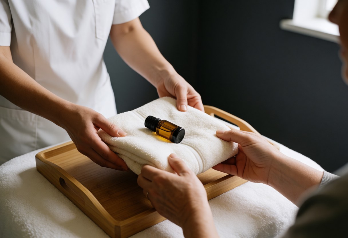 Un praticien en réflexologie remet une serviette et un flacon d'huile essentielle à un client dans un cadre apaisant.