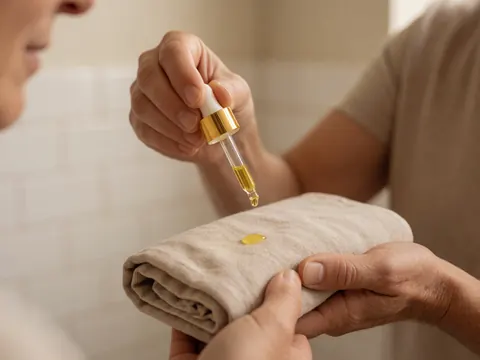 Main versant de l'huile essentielle d'un flacon compte-gouttes sur une serviette en tissu beige posée sur des carreaux blancs, évoquant la relaxation et le bien-être.
