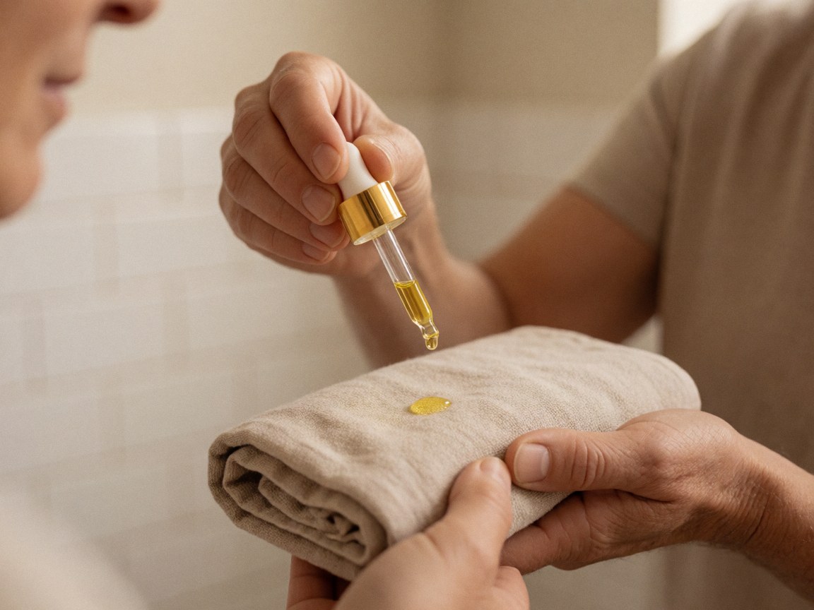 Main versant de l'huile essentielle d'un flacon compte-gouttes sur une serviette en tissu beige posée sur des carreaux blancs, évoquant la relaxation et le bien-être.