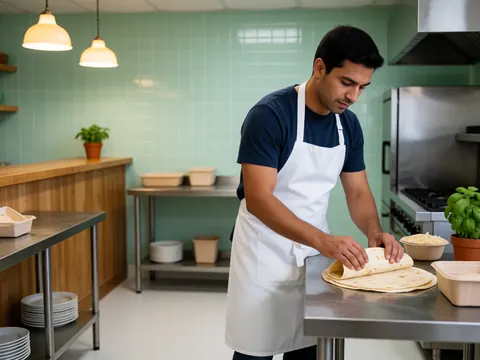 Mains d'un cuisinier manipulant des tortillas sur une table de travail en cuisine professionnelle avec un couteau et un fond vert.