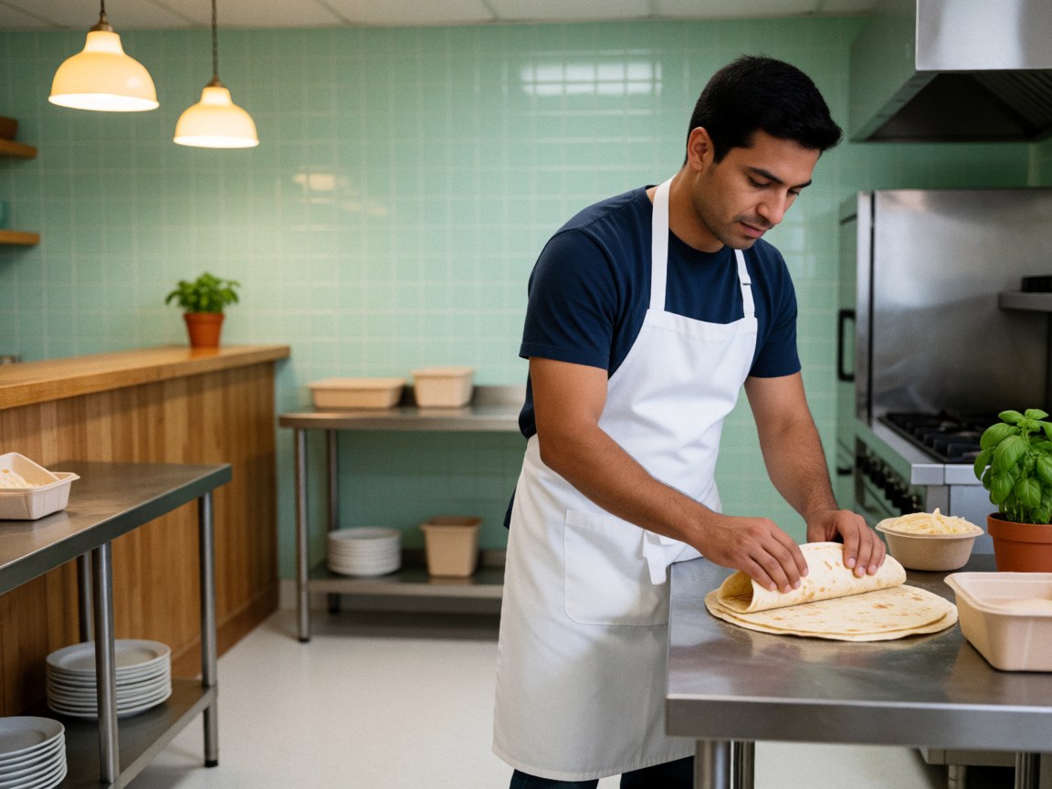 Mains d'un cuisinier manipulant des tortillas sur une table de travail en cuisine professionnelle avec un couteau et un fond vert.