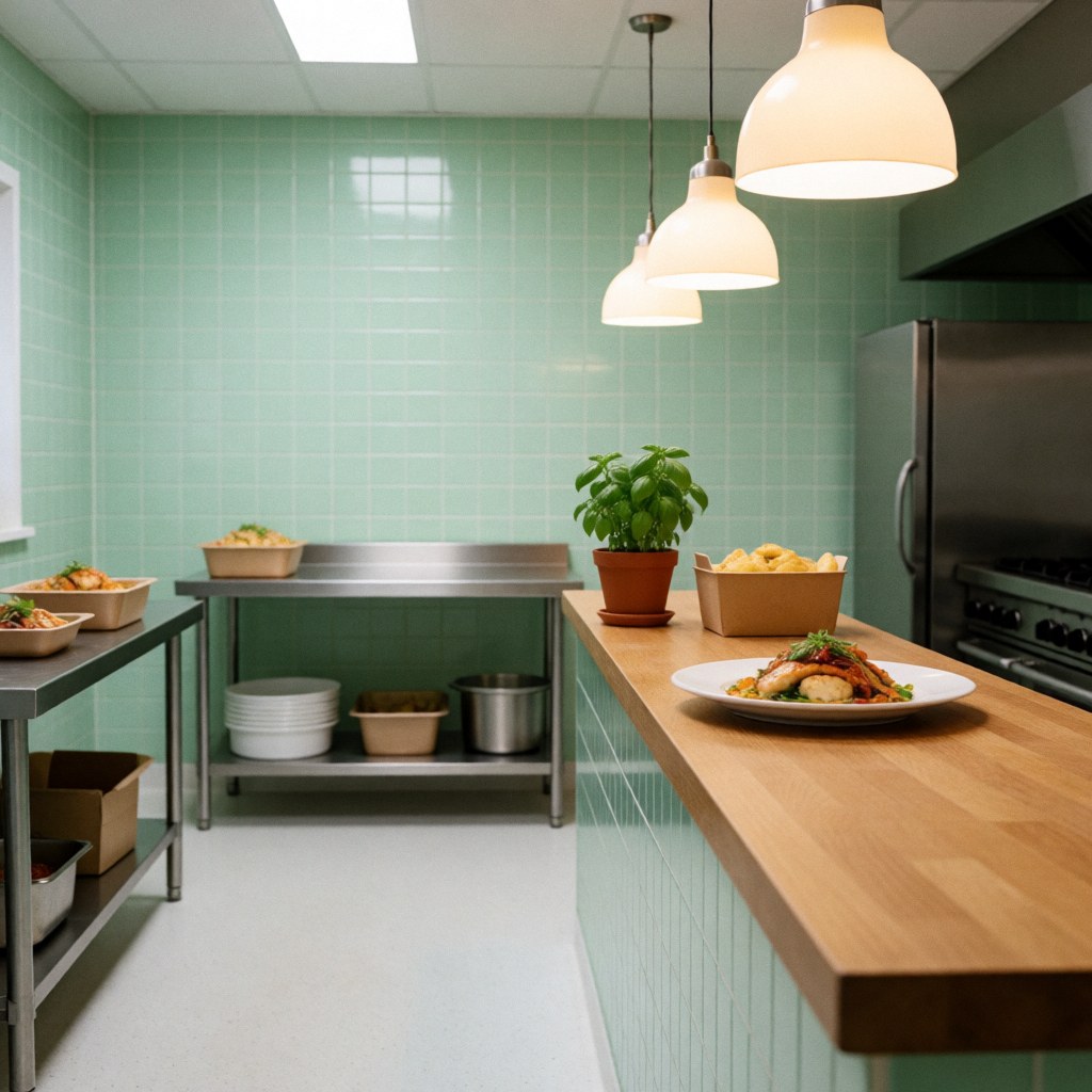 Un plat du jour appétissant est présenté sur un comptoir en bois, entouré de murs verts, d'une plante de basilic et d'équipements de cuisine professionnelle.