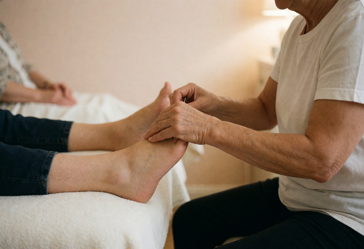 Un thérapeute applique un massage des pieds à un client allongé sur une table recouverte d'une serviette blanche dans un espace calme.