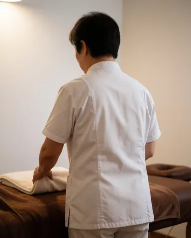 Un professionnel de la réflexologie prépare une serviette sur une table de massage dans un environnement calme et professionnel avec une lumière chaude.