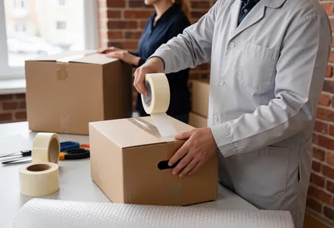 Un travailleur en uniforme scelle un carton avec du ruban dans un espace de travail lumineux près d'une fenêtre, entouré de matériel d'emballage.