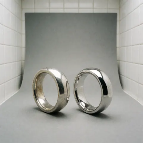 Deux bagues en argent posées sur un fond gris devant des murs carrelés blancs, l'une avec un fini mat et l'autre avec un revêtement de rhodium brillant.