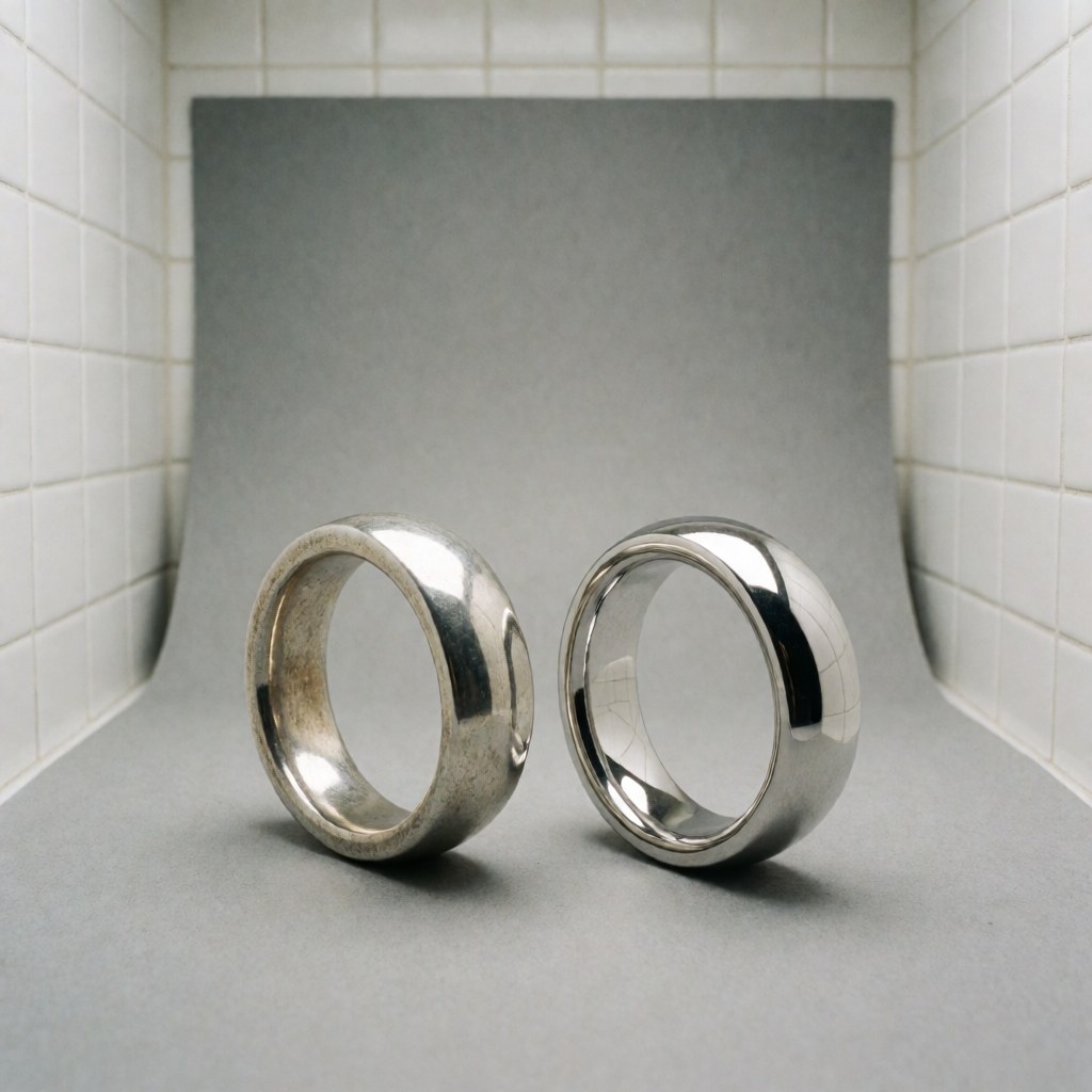 Deux bagues en argent posées sur un fond gris devant des murs carrelés blancs, l'une avec un fini mat et l'autre avec un revêtement de rhodium brillant.