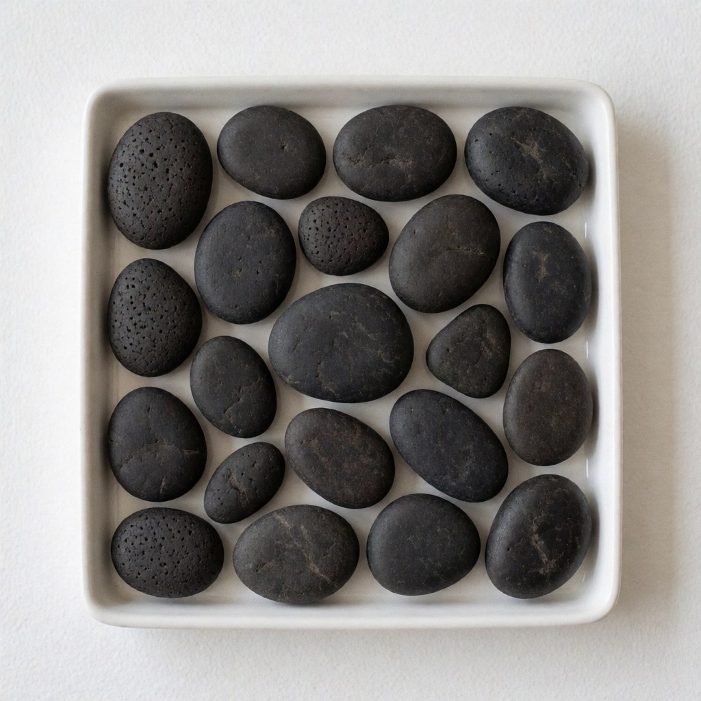 Roches volcaniques noires lisses et texturées disposées sur un plateau blanc, idéales pour les massages thaïlandais, les thérapies de relaxation et le bien-être naturel.