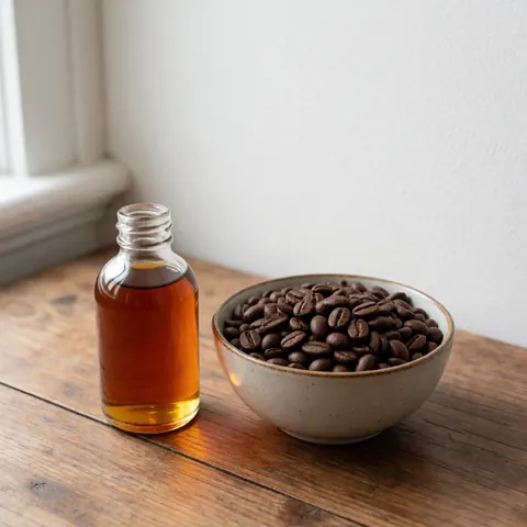 Bouteille d'huile de café naturelle avec des grains de café sur un fond neutre, idéale pour le spa et le massage thaïlandais.