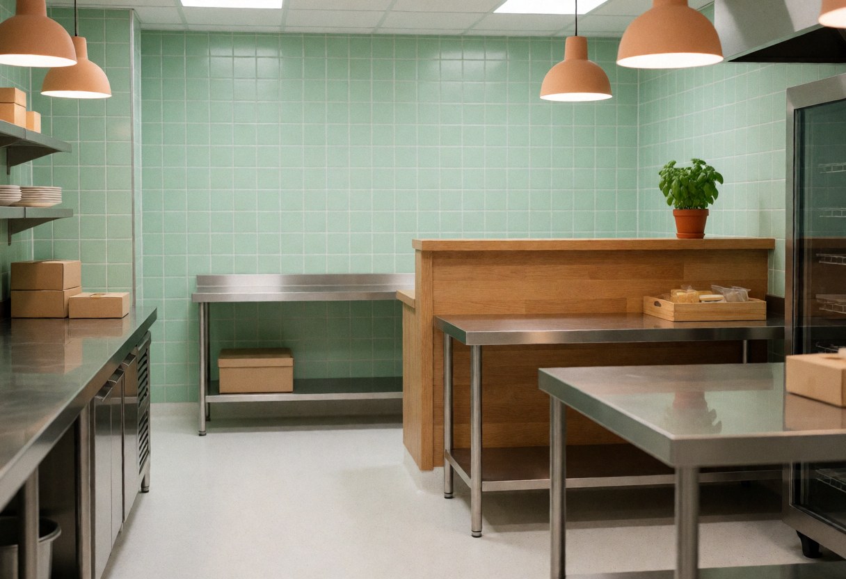 Vue d'une cuisine de restaurant propre et bien rangée, avec des plantes vertes et de l'albahaca sur le plan de travail en acier inoxydable.
