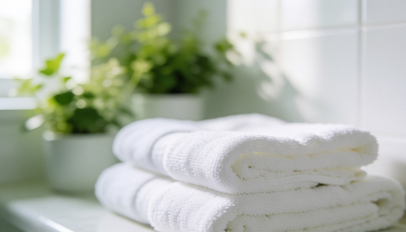 Des serviettes blanches soigneusement pliées et une plante verte posées sur un comptoir dans une salle de bain lumineuse aux murs blancs, évoquant calme et bien-être.