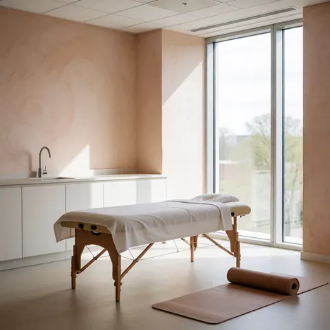 Table de massage avec drap blanc dans une pièce aux murs terracotta, yoga mat, grande fenêtre et lumière naturelle.