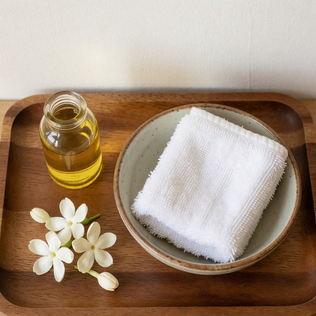 Plateau en bois contenant huile essentielle, serviette blanche dans un bol et fleurs de jasmin fraîches pour un massage relaxant.