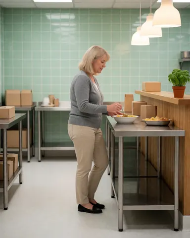 Une femme savoure son repas à l'aide d'une cuillère, assise à une table en acier dans une cuisine moderne dotée de murs verts et d'un éclairage suspendu.