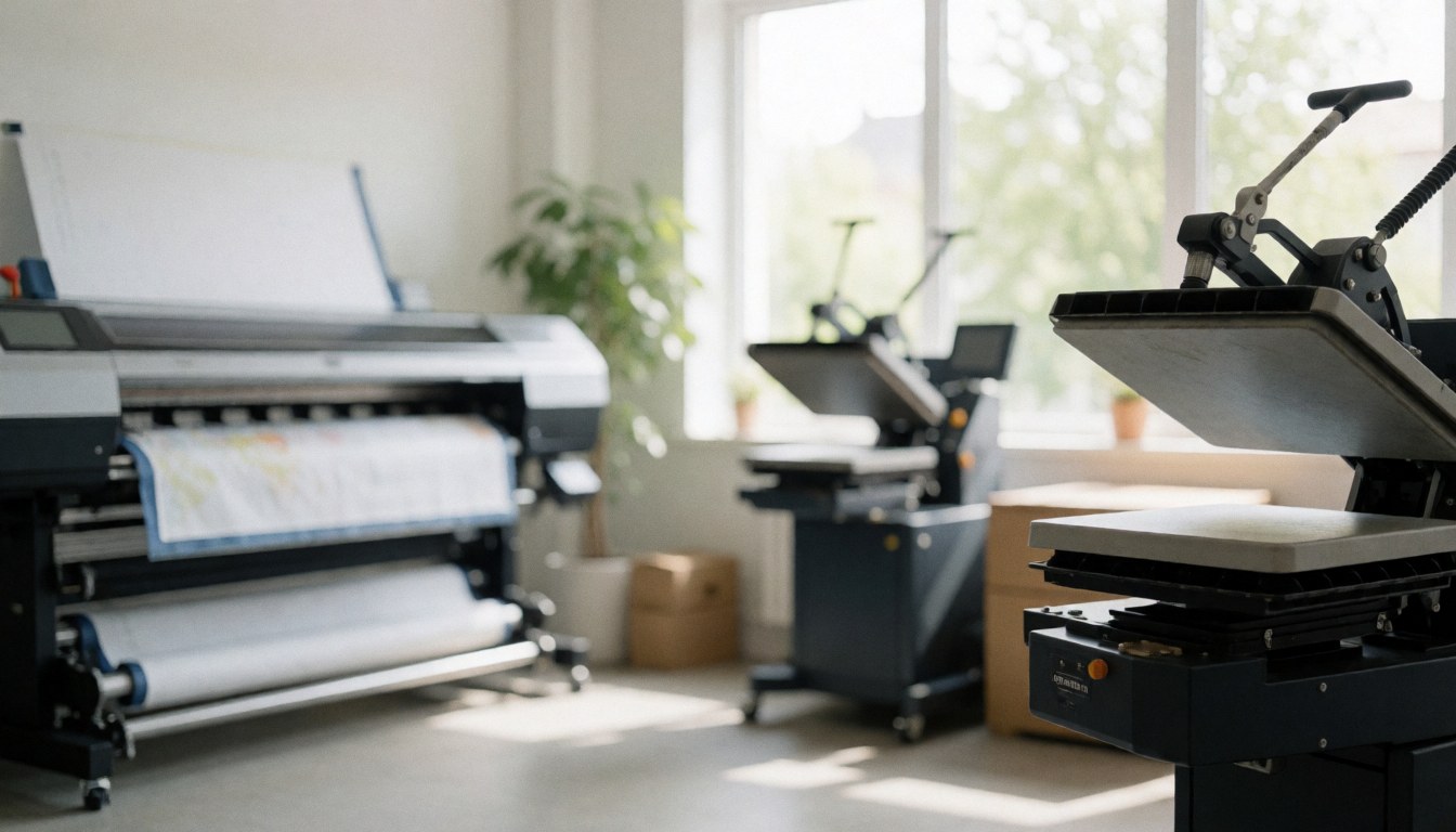 Arrière-plan professionnel d'impression numérique avec machines et lumière naturelle, idéal pour les textes de personnalisation de vêtements et branding.