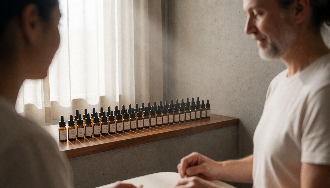 Pièce de thérapie alternative avec étagère en bois, murs en béton, lumière naturelle douce et ambiance sereine pour le bien-être.