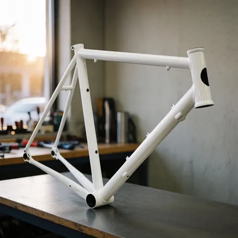 Un cadre de vélo propre et brillant posé sur une surface en béton avec des outils de réparation à proximité.