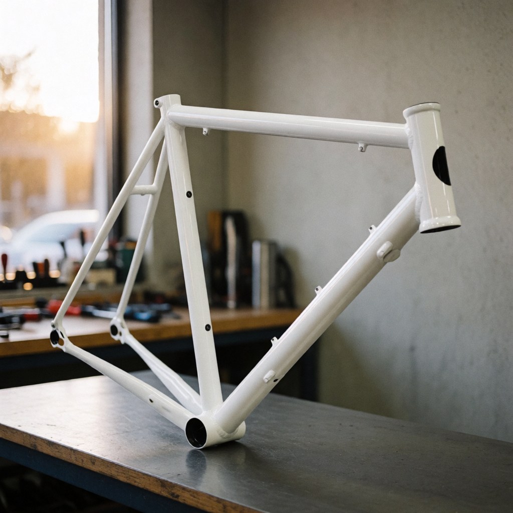 Un cadre de vélo propre et brillant posé sur une surface en béton avec des outils de réparation à proximité.