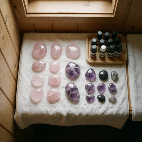 Roches de quartz rose et d'améthyste sur une serviette blanche, huiles essentielles dans un plateau en bois, lumière naturelle, murs en bois, ambiance bien-être et guérison naturelle.