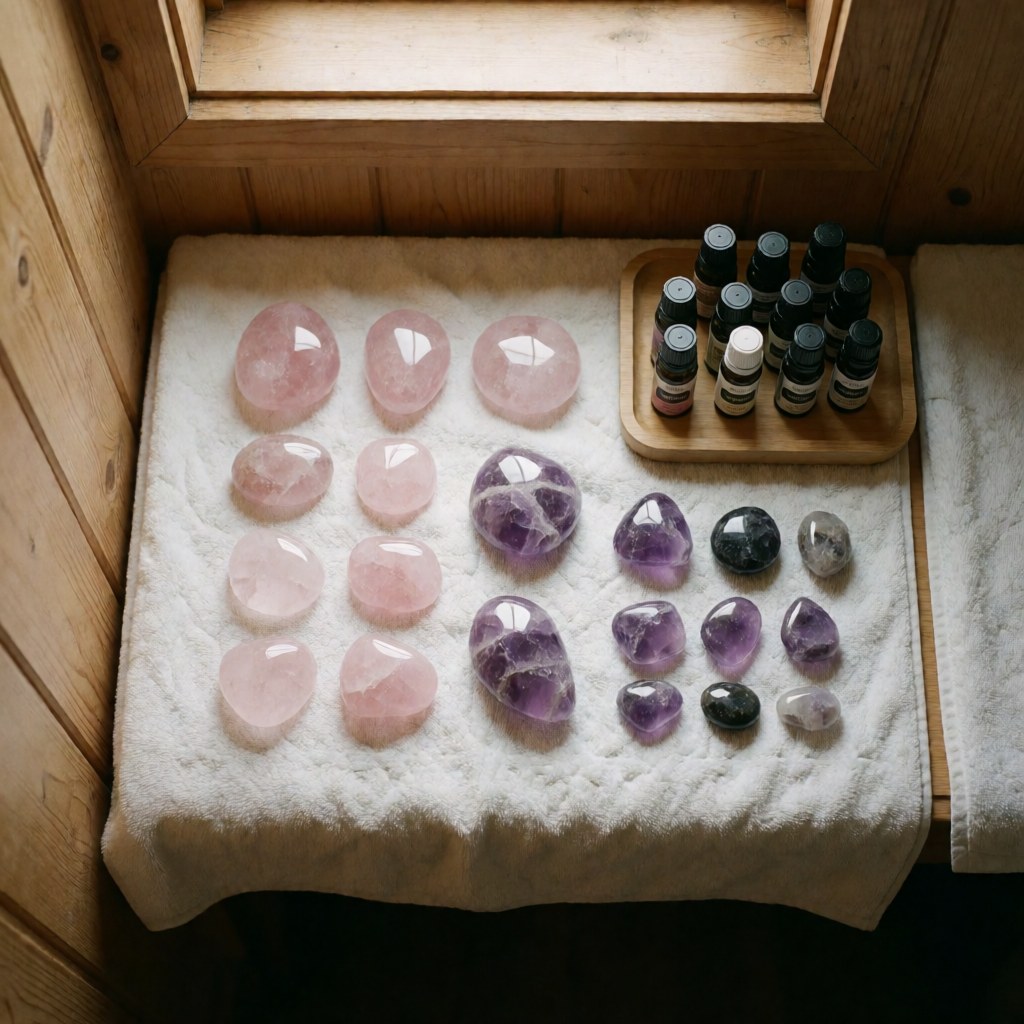 Roches de quartz rose et d'améthyste sur une serviette blanche, huiles essentielles dans un plateau en bois, lumière naturelle, murs en bois, ambiance bien-être et guérison naturelle.