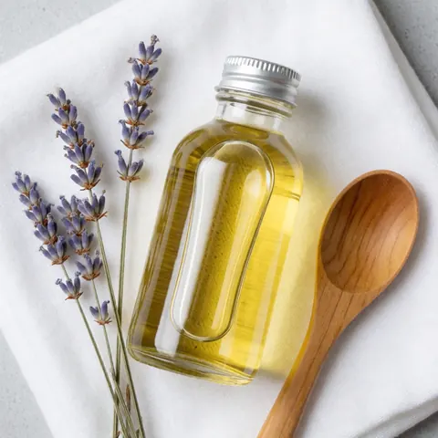 Composition d'ingrédients naturels pour un massage hydratant, incluant de l'huile, de la lavande et des outils en bois sur une surface claire.