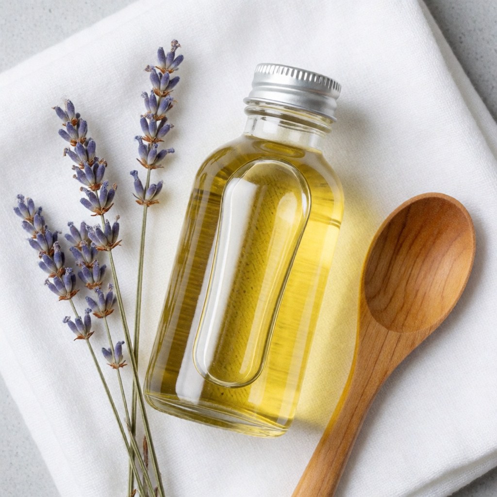 Composition d'ingrédients naturels pour un massage hydratant, incluant de l'huile, de la lavande et des outils en bois sur une surface claire.