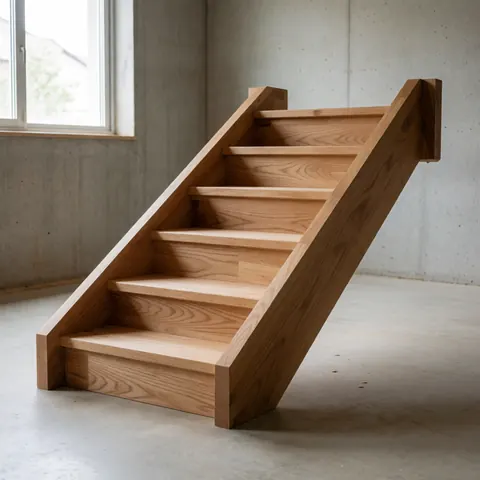 Échelle en bois massif avec grain visible, éclairée par la lumière naturelle d'une fenêtre, dans un atelier aux murs en béton.