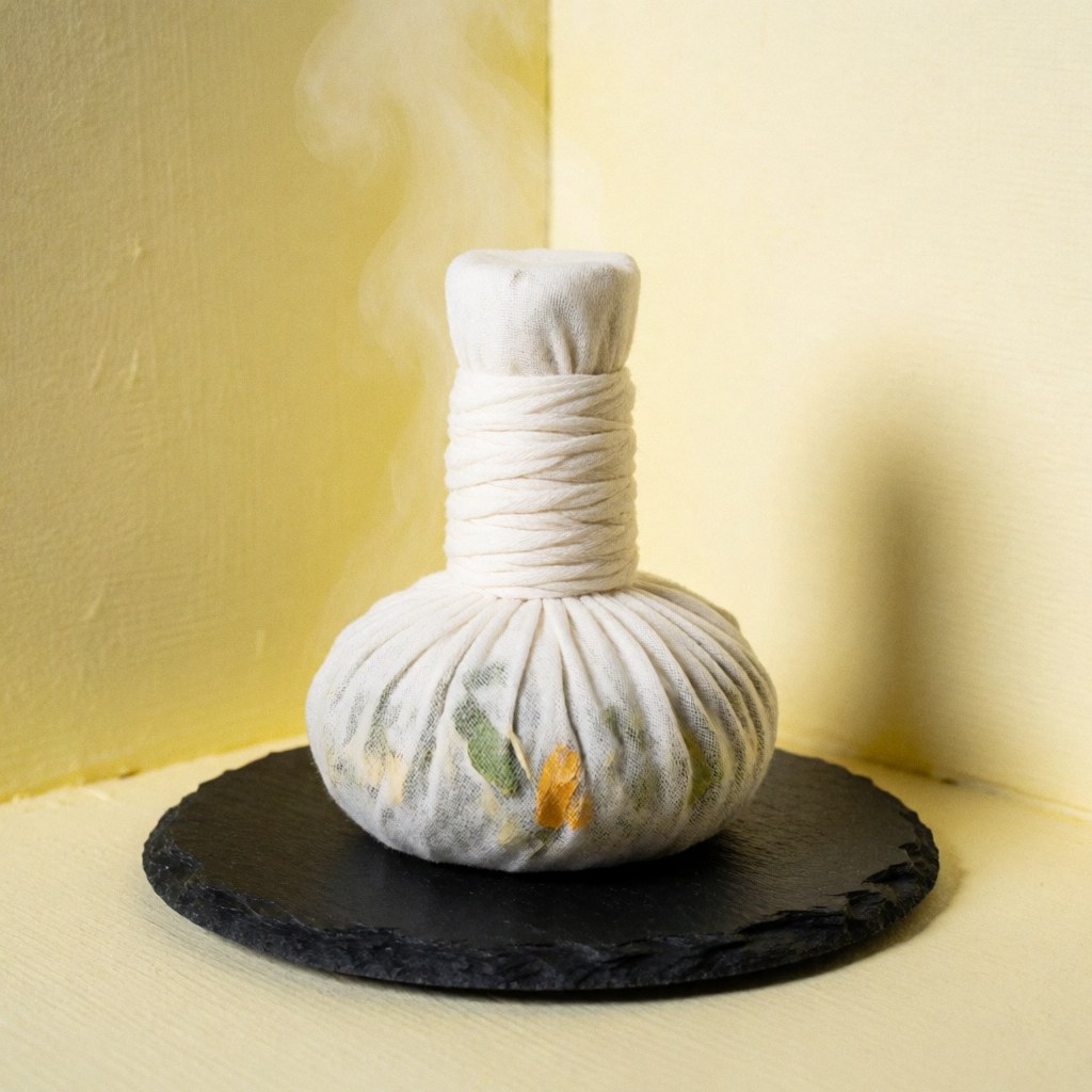 Compresses d'herbes thaïlandaises chaudes posées sur une pierre noire avec de la vapeur, sur un fond jaune doux pour thérapie relaxante.