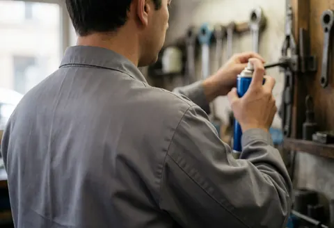 Un technicien en uniforme applique du lubrifiant sur un outil ou une pièce mécanique dans un atelier, avec des outils suspendus en arrière-plan flou.