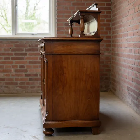Buffet ancien en bois restauré exposé dans un atelier avec murs de briques et lumière naturelle par une fenêtre