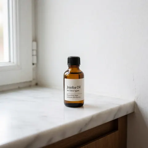 Bouteille en verre ambré contenant de l'huile de jojoba, présentée de manière minimaliste pour la peau sensible.