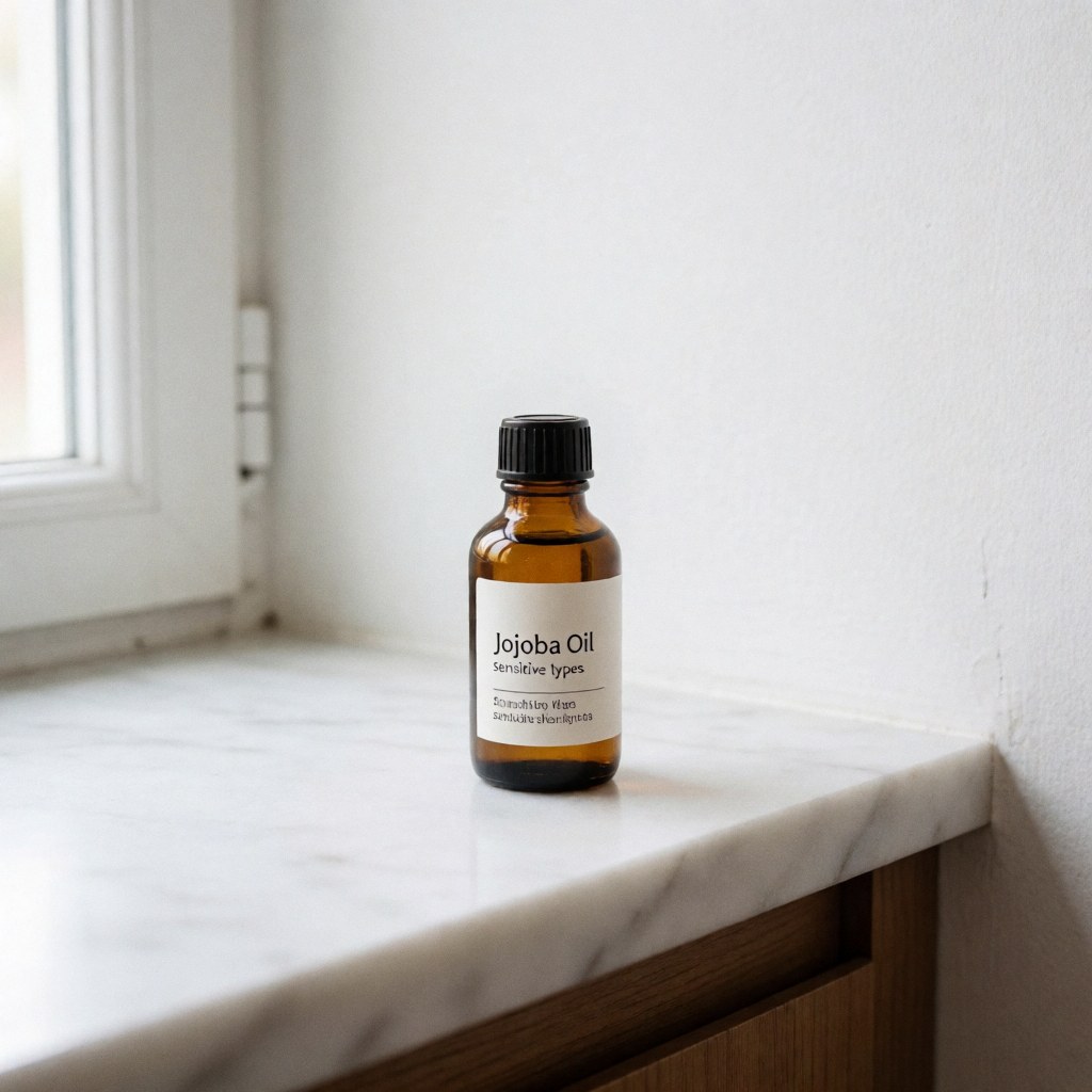 Bouteille en verre ambré contenant de l'huile de jojoba, présentée de manière minimaliste pour la peau sensible.