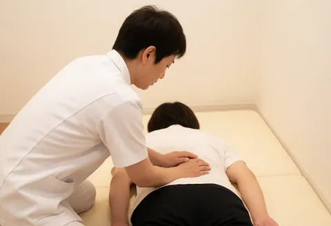Un thérapeute réalise un massage thaïlandais sur le dos d'un client dans un environnement minimaliste aux murs blancs et à l'éclairage chaleureux.