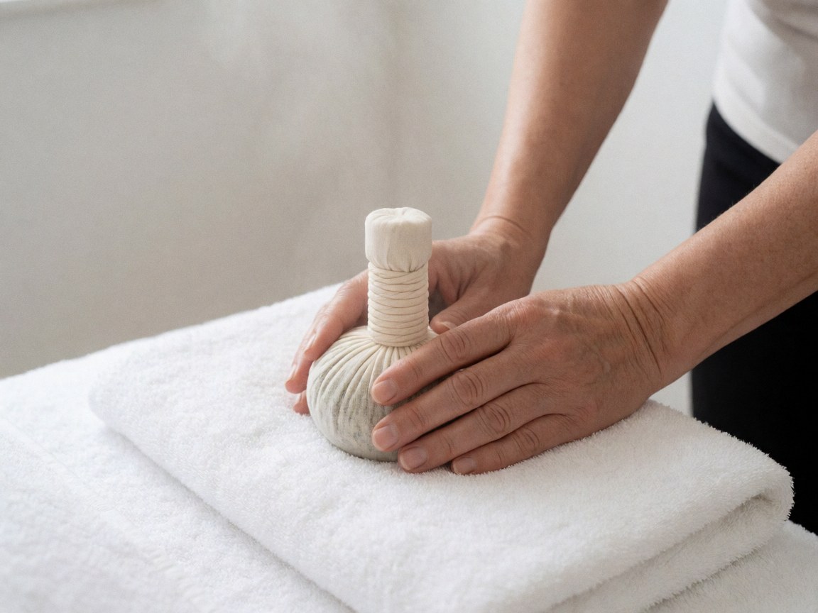 Des mains adultes préparent une boule d'herbes sur une serviette blanche, avec de la vapeur et un fond blanc.