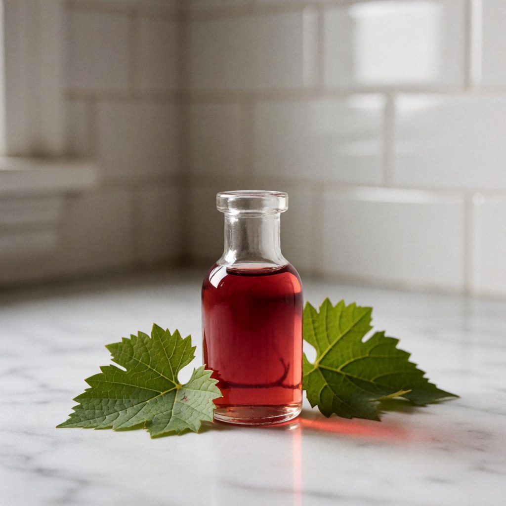 Un petit flacon en verre contenant de l'huile de pépins de raisin posé sur une surface en marbre blanc avec des feuilles de raisin vertes et rouges à côté.