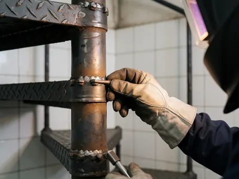 Gant ajustant un boulon sur une structure métallique avec des murs carrelés blancs et des outils visibles en lumière chaude.