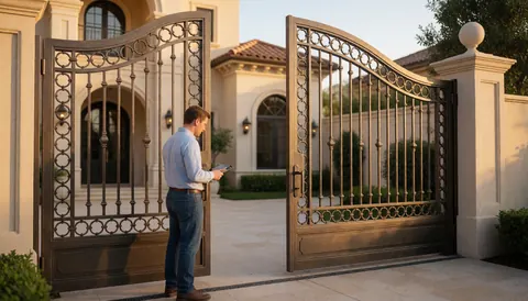Une porte d'entrée en métal noir avec des détails élégants baignée par une lumière dorée, symbolisant sécurité et architecture raffinée pour une maison moderne.