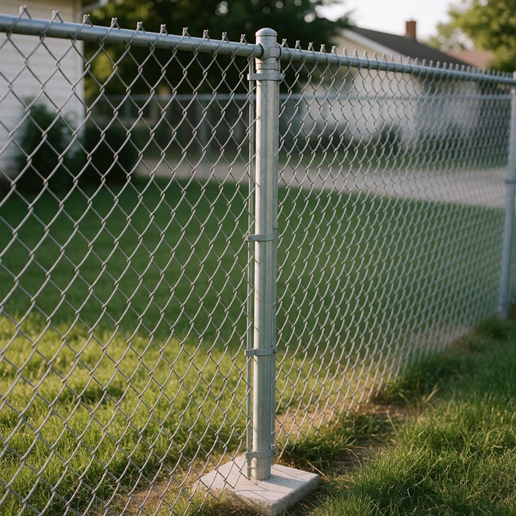 Une clôture en chaîne métallique galvanisée installée dans un jardin résidentiel avec des poteaux en béton, assurant sécurité et protection.