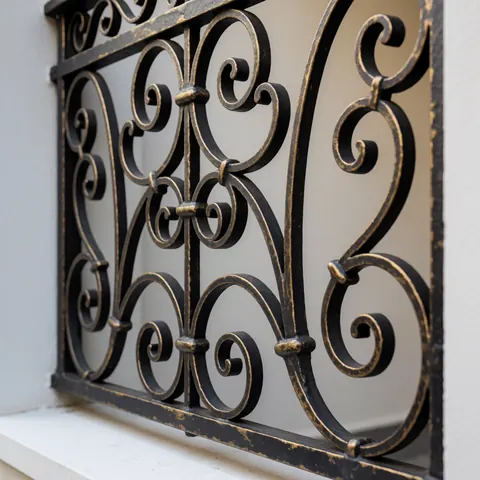 Vue rapprochée d'une barrière en fer forgé ornée de motifs décoratifs, avec des finitions dorées et noires sur un mur blanc.