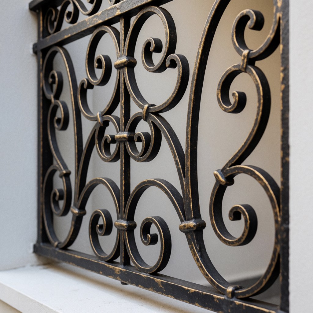 Vue rapprochée d'une barrière en fer forgé ornée de motifs décoratifs, avec des finitions dorées et noires sur un mur blanc.