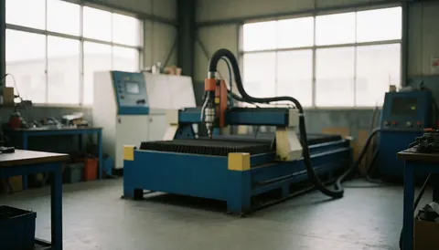 Atelier industriel propre avec une machine de découpe laser au centre, grandes fenêtres laissant entrer la lumière naturelle, ambiance professionnelle adaptée aux textes commerciaux.