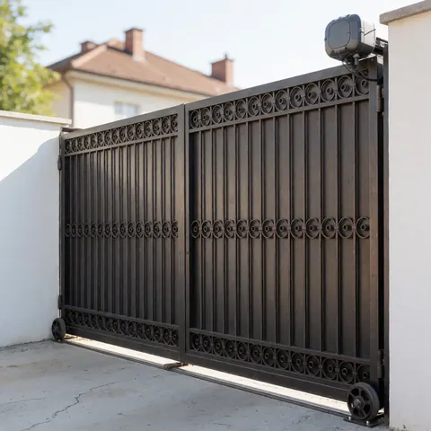 Un portail coulissant en métal installé, servant d'entrée principale, avec un design décoratif et des barres verticales, visible en extérieur.
